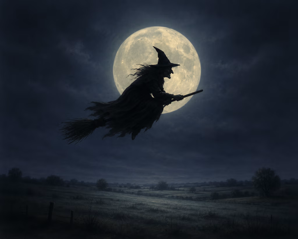 Witch flying on a broom in front of moon