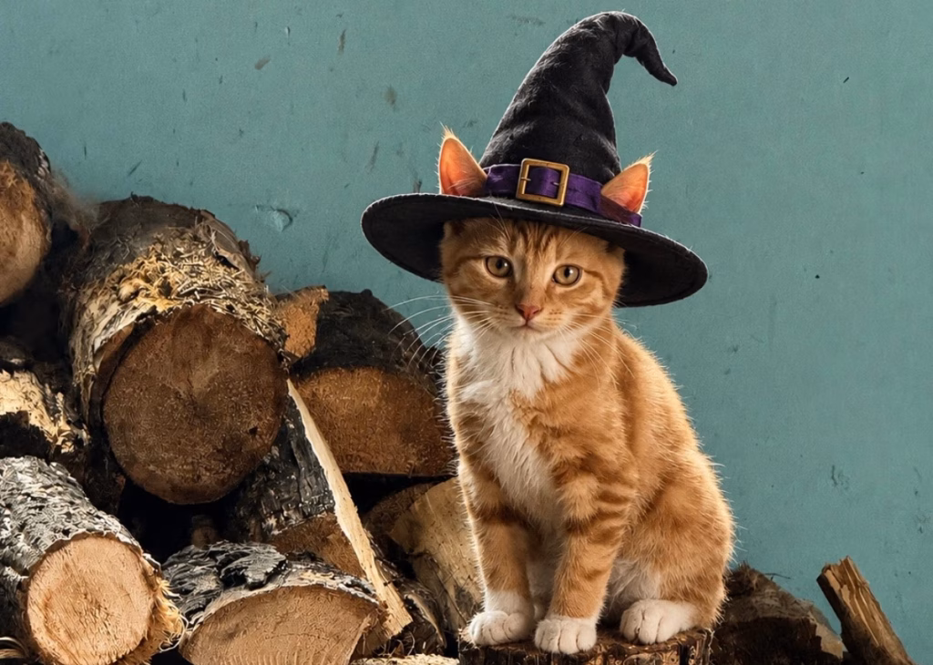 An orange kitten in a witch’s hat