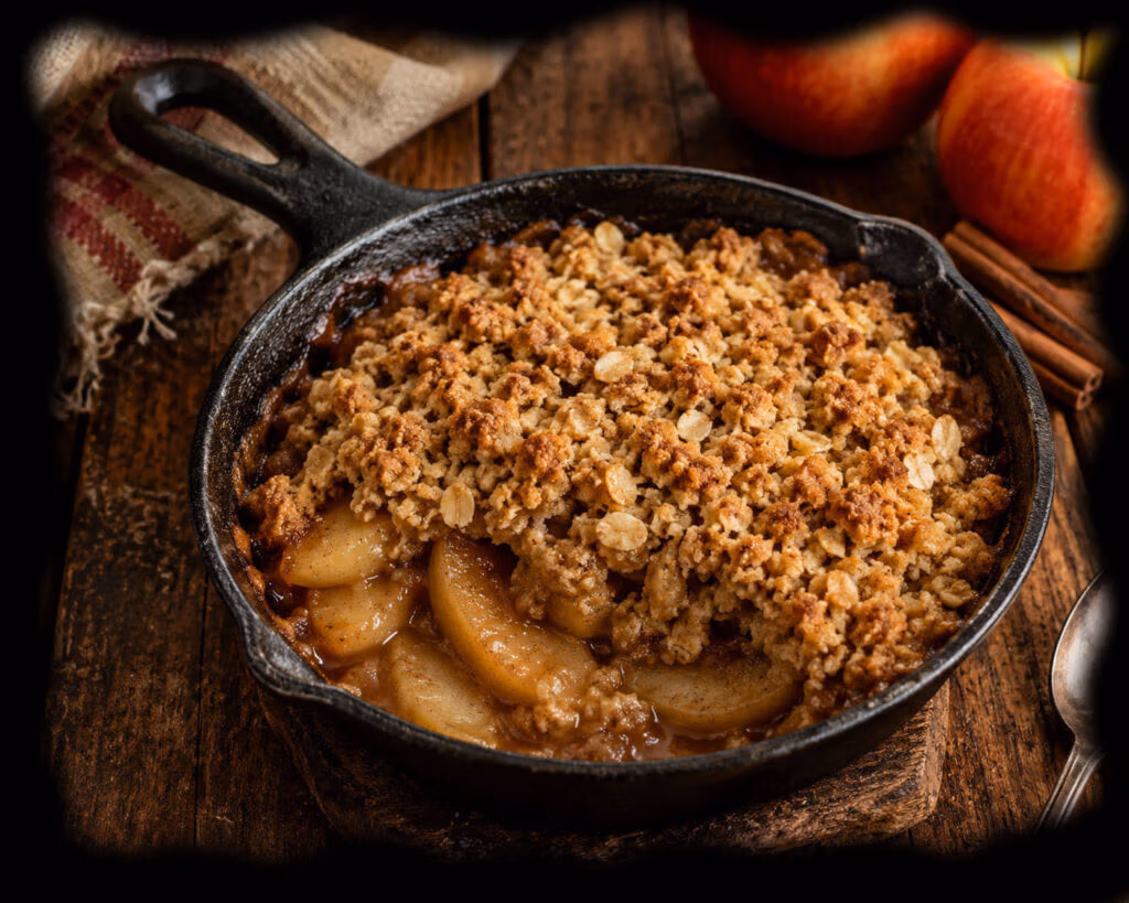 An Apple crisp pictured in a cast iron frying pan