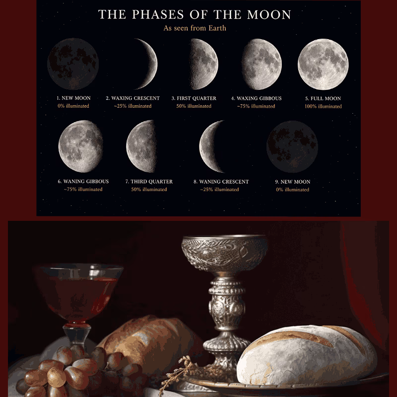 Moon phases as part of image, bread and wine other part