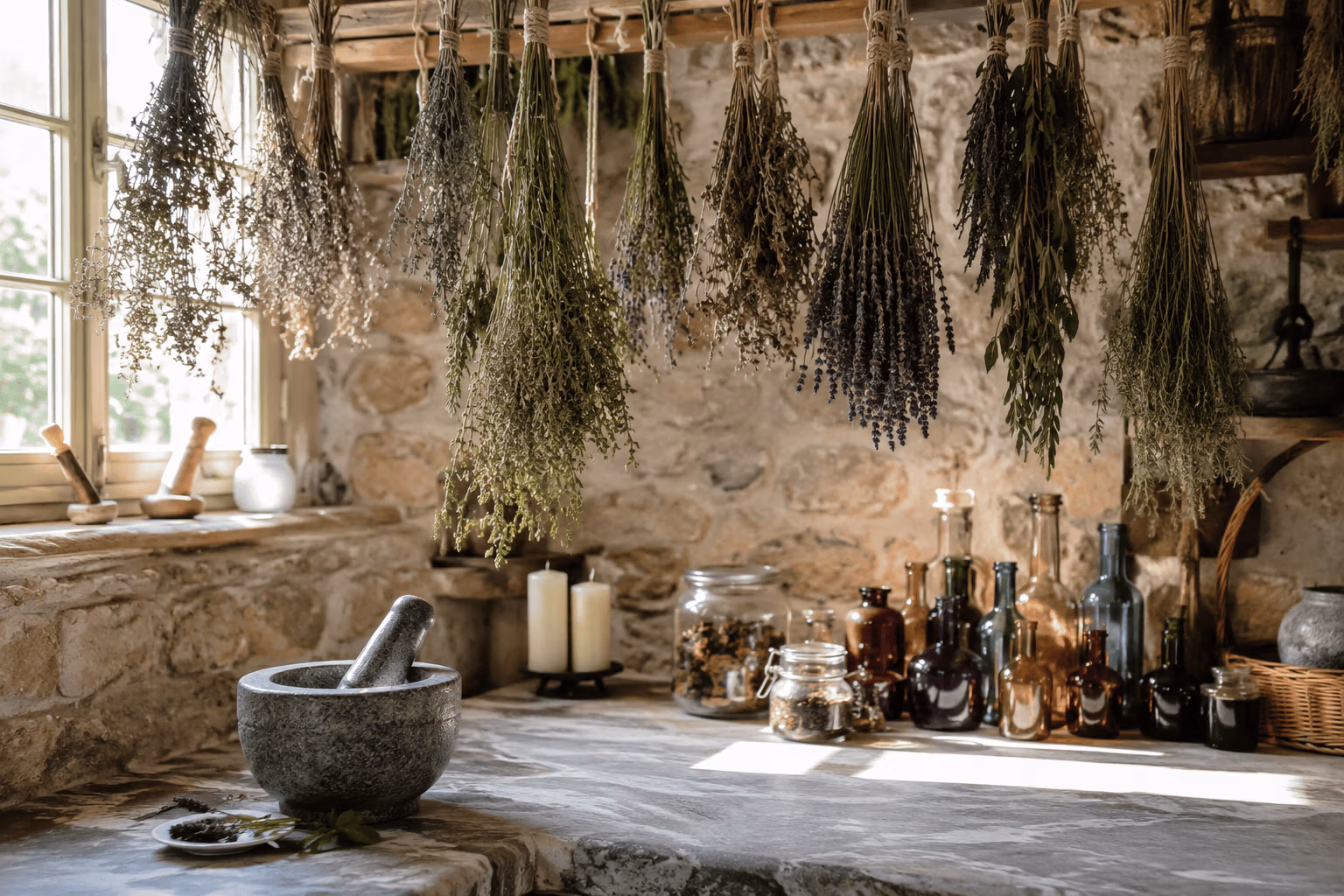 herbs drying in a kitchen