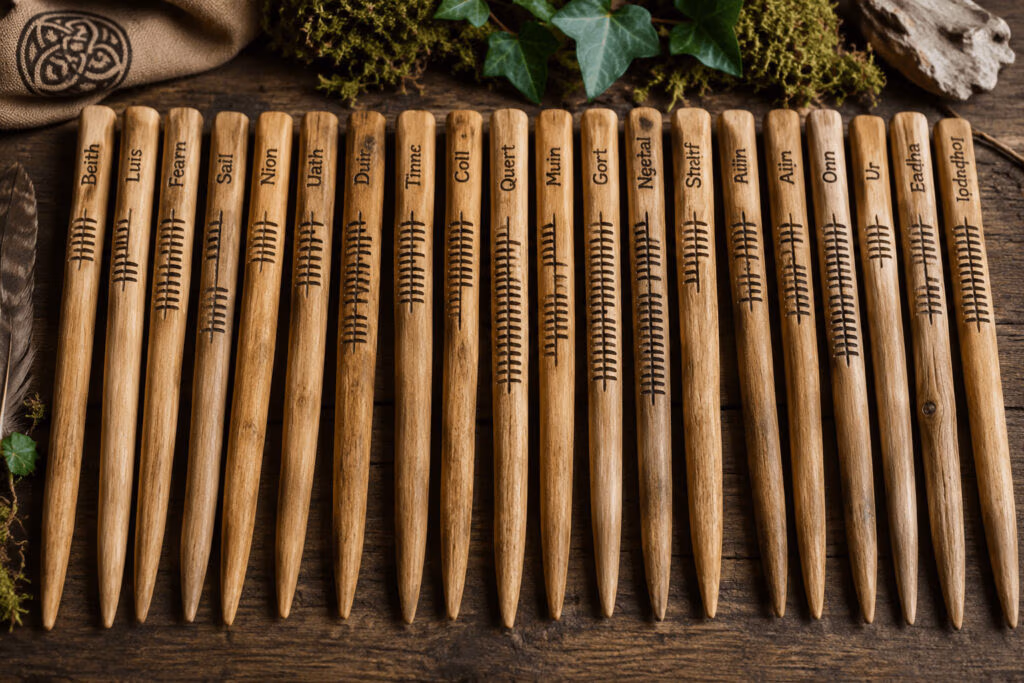 Ogham staves which are like sticks with the Ogham letters