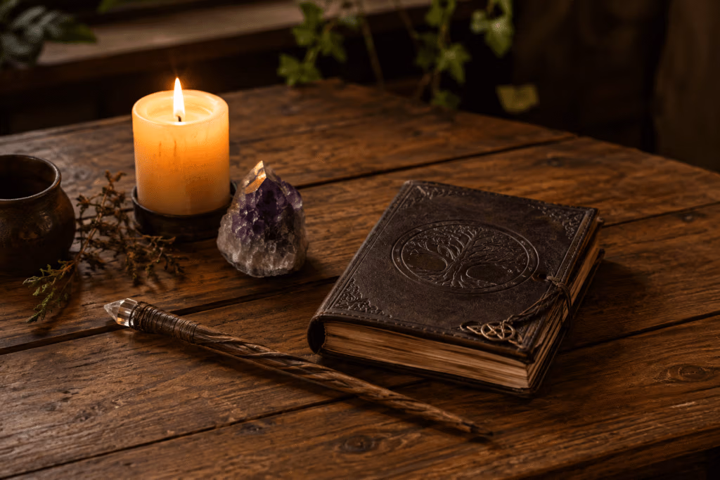 A wood table, on it a candle, a crystal, and a wand for spell casting