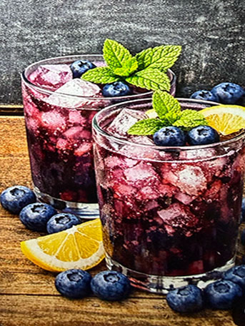 A soda with ice and blueberries