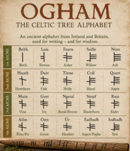 A chart of Ogham letters on a parchment looking background