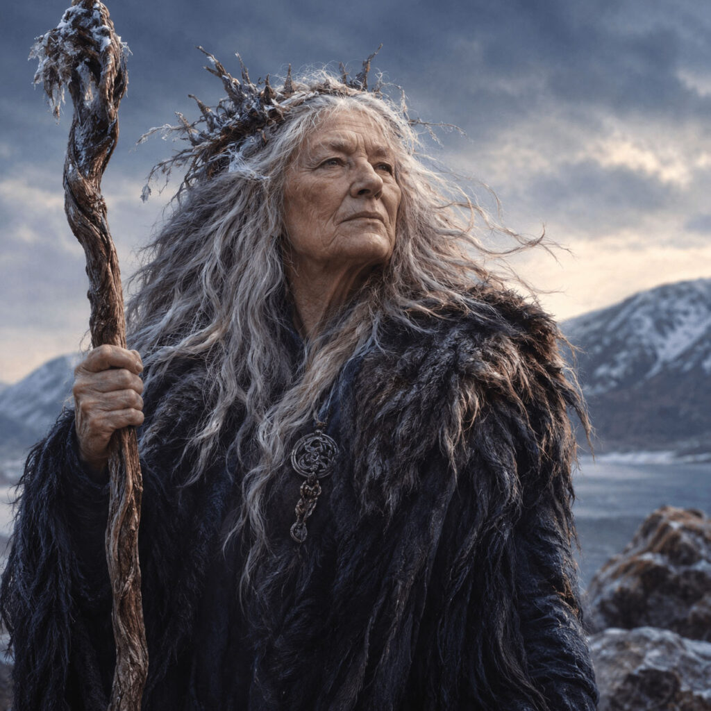 A stately elderly woman, a crone, a warrior