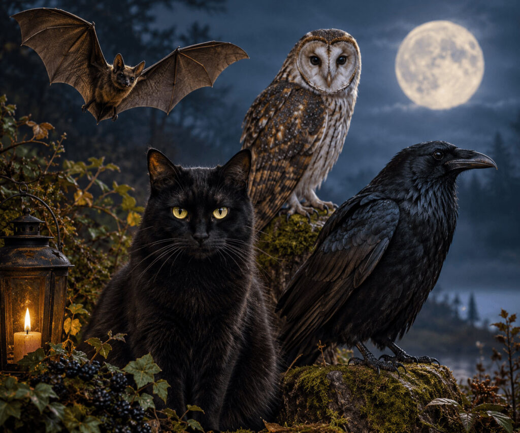 Common Halloween animals, black cat, bat, crow, and an owl
