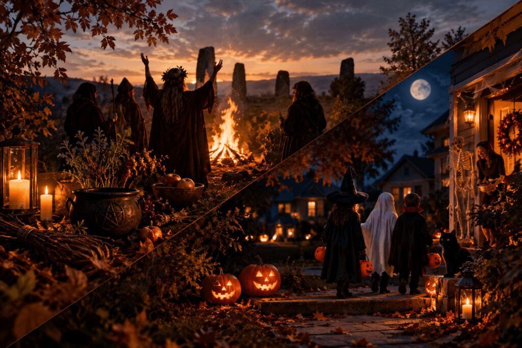 Celebrations of Samhain on one side, Halloween on the other